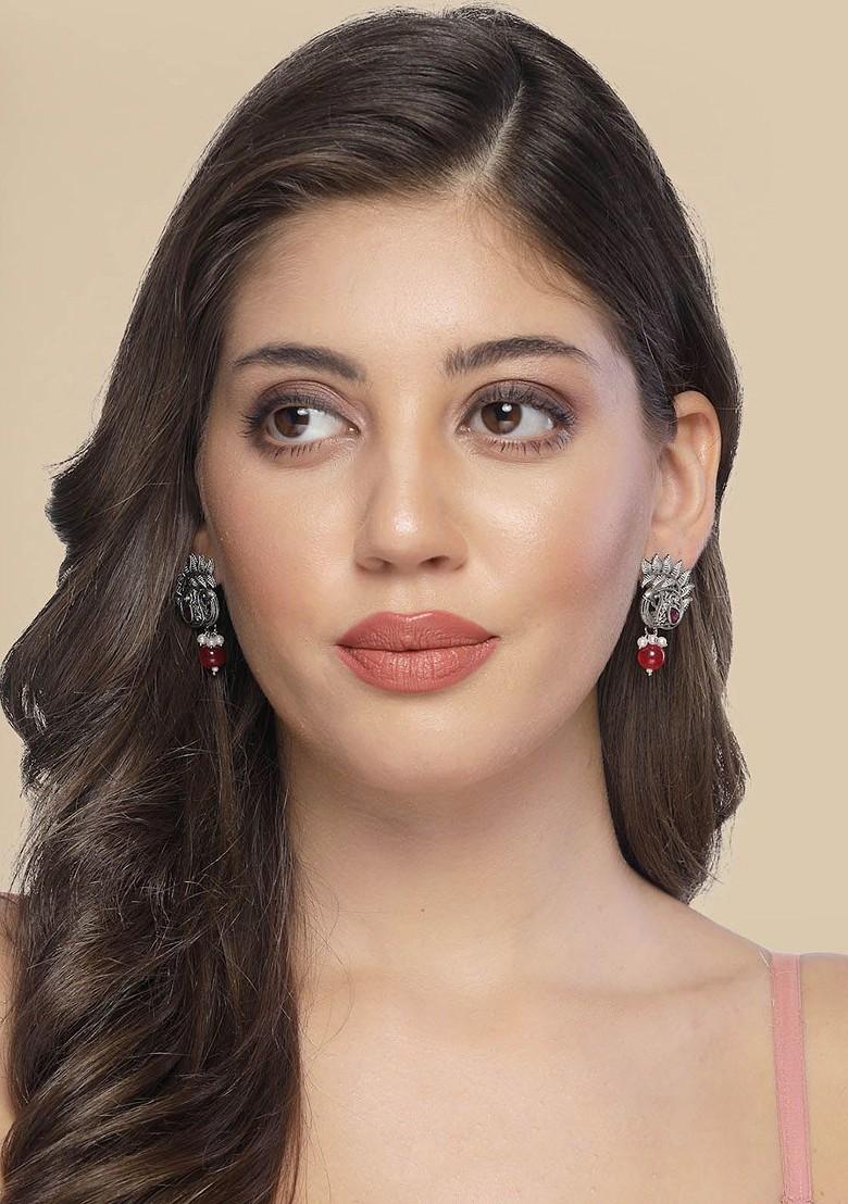 Silver Plated Pearl Bead Oxidised Peacock Shaped Studs Earrings