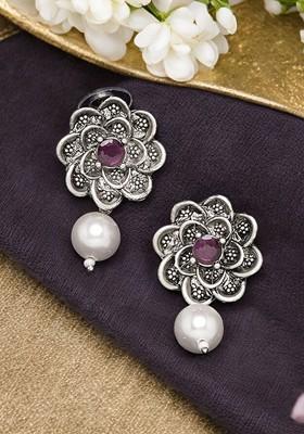 Silver Plated Stone Stud And Bead Floral Shaped Oxidised Drop Earrings