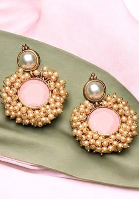 Gold Plated Stone Stud And Bead Classic Drop Earrings