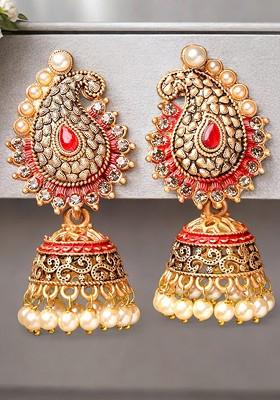 Gold Plated Hand Painted Antique Pearl And Stone Stud Dome Shaped Jhumka Earrings