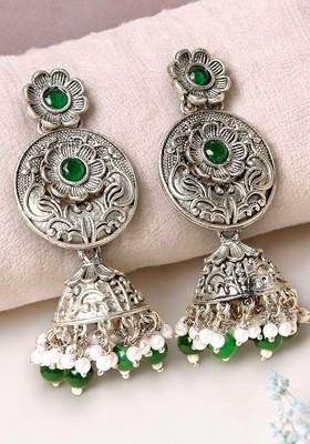 Silver Plated Stone Stud And Pearl Bead Oxidised Floral Drop Earrings