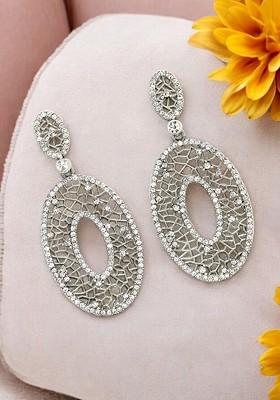 Silver Plated Cubic Zirconia Stud Oxidised Oval Drop Earrings