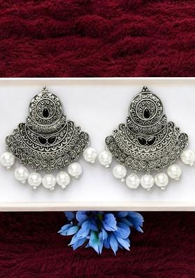 Silver Plated Stone Stud And Bead Oxidised Crescent Shaped Drop Earrings