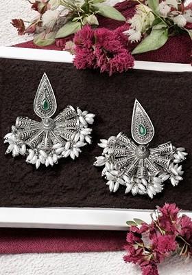 Silver Plated Stone Stud And Pearl Bead Oxidised Floral Drop Earrings