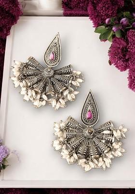 Silver Plated Stone Stud And Pearl Bead Oxidised Floral Drop Earrings