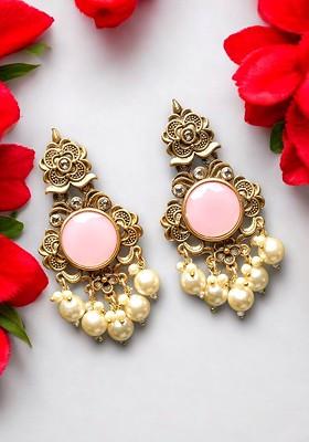 Gold Plated Stone And Pearl Floral Shaped Drop Earrings