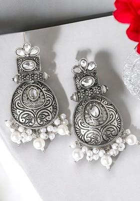 Silver Plated Kundan Stud And Pearl Bead Oxidised Drop Earrings