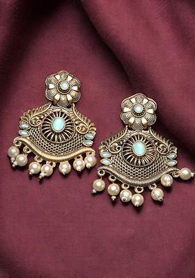Gold Plated Stone Stud And Bead Floral Drop Earrings