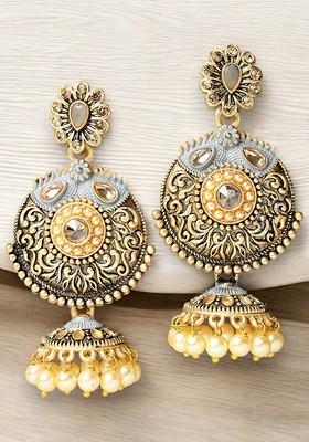 Gold Plated Kundan Stud And Pearl Bead Antique Floral Jhumka Earrings