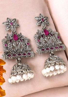 Silver Plated Artificial Stone Stud Oxidised Peacock Shaped Jhumka