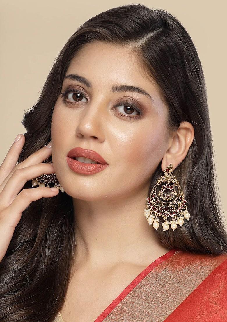 Gold Plated Artificial Stone Antique Bead Crescent Shaped Chandbalis Earrings