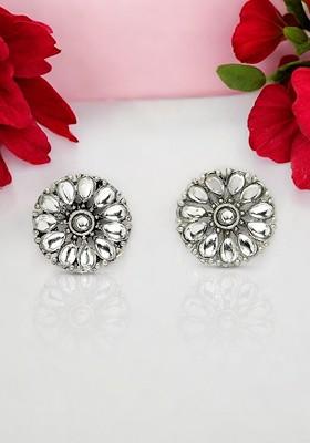 Silver Plated Floral Kundan Stone Stud Oxidised Studs Earrings