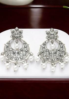 Silver Plated Kundan Stone Stud And Bead Crescent Shaped Chandbalis Earrings