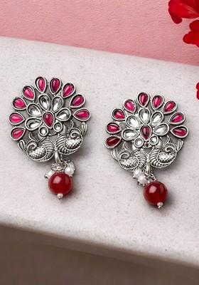 Silver Plated Kundan Stone And Pearl Oxidised Drop Earrings