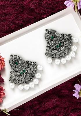 Silver Plated Stone And Pearl Oxidised Crescent Shaped Chandbalis Earrings