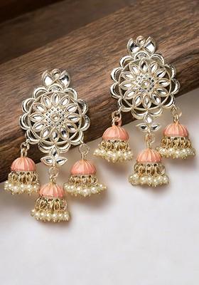 Gold Plated Dome Shaped Kundan Stud And Pearl Bead Meenakari Drop Earrings