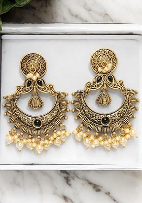 Gold Plated Stone Stud And Bead Crescent Shaped Chandbalis Earrings