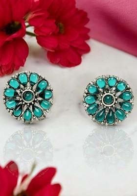 Silver Plated Stone Stud Oxidised Floral Studs Earrings