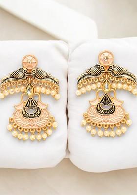 Gold Plated Kundan Bead Antique Peacock Shaped Drop Earrings