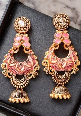 Gold Plated Hand Painted Stone Antique Crescent Shaped Chandbalis Earrings