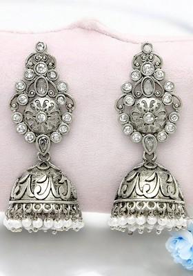 Silver Plated Kundan Stud Oxidised Dome Shaped Jhumka Earrings