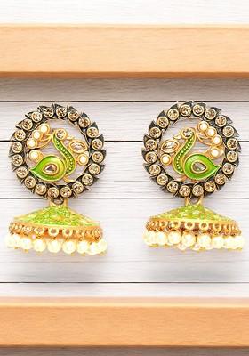 Gold Plated Kundan Stud And Bead Peacock Shaped Jhumka Earrings