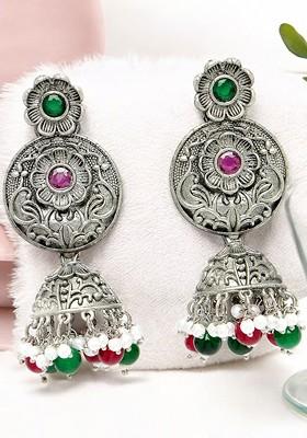 Silver Plated Stone Stud And Pearl Bead Oxidised Floral Drop Earrings