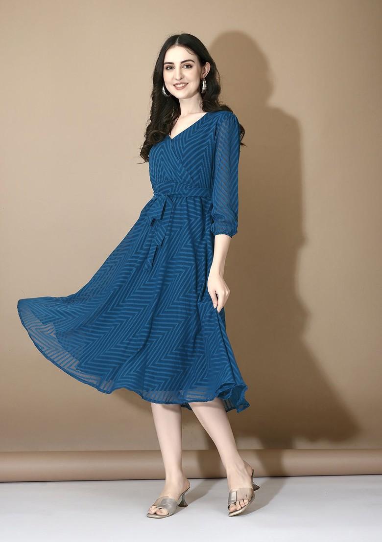 Women Polka Dot Printed V-Neck Puff sleeves Georgette Gown Midi Dress