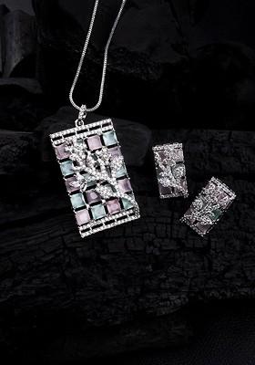 Silver Plated American Diamond Studded Big Square Necklace And Earrings