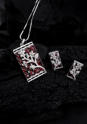 Silver Plated American Diamond Studded Big Square Necklace And Earrings