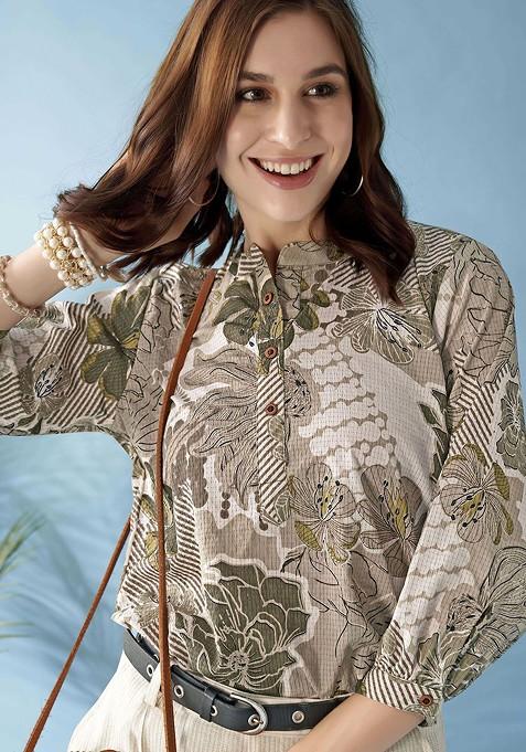 Women Floral Printed Mandarin Collar Kurti