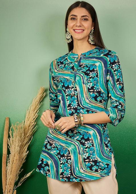 Women Floral Printed Mandarin Collar Kurti