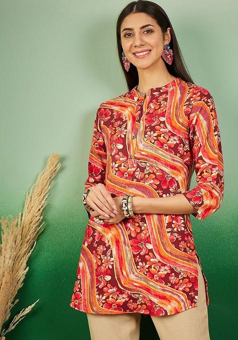 Women Floral Printed Mandarin Collar Kurti