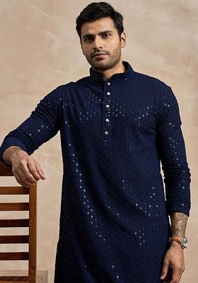 Navy Blue Ethnic Motifs Embroidered Mandarin Collar Sequins Straight kurta