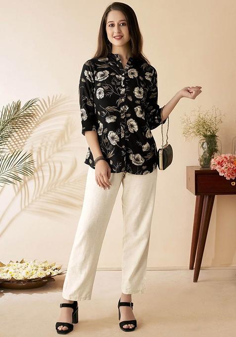 Floral Printed Mandarin Collar Kurti