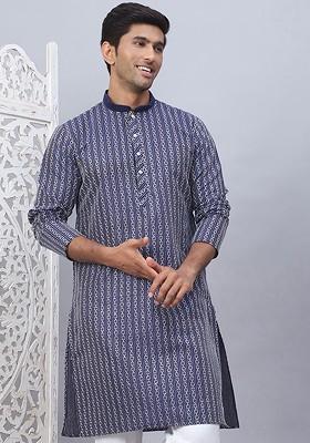 Navy Blue Geometric Embroidered Sequinned Mandarin Collar Silk Cotton Straight Kurta