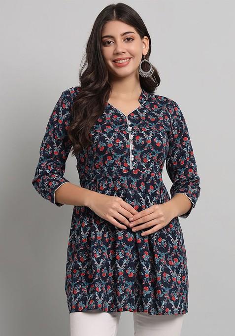 Women Floral Printed Mandarin Collar Pure Cotton Kurti