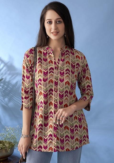 Magenta Chevron Printed Mandarin Collar Pure Cotton A-Line Kurti