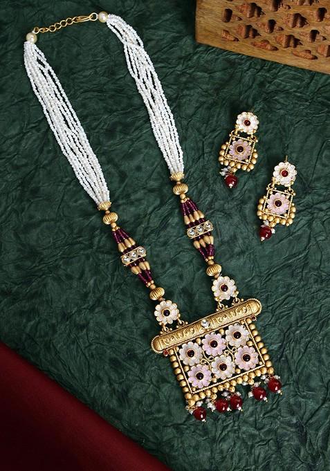 Gold Plated Stone Studded And Beaded Jewellery Set