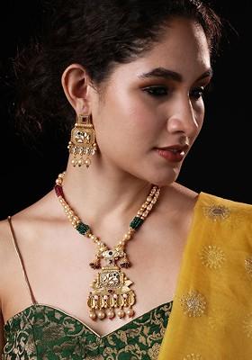 Gold Plated Stone Studded And Beaded Jewellery Set