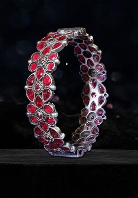 Silver Plated Stone Studded Floral Pattern Oxidised Bangle