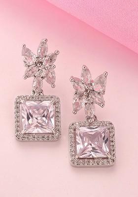 Silver Plated Floral AD Stone Stud Drop Earrings