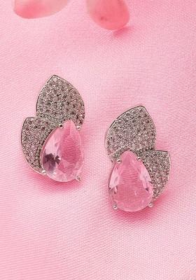 Silver Plated Ad Stone Stud Floral Brass Stud Earrings