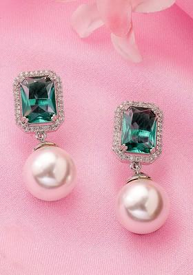 Silver Plated AD Stud And Bead Classic Drop Earrings