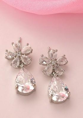 Silver Plated American Diamond Floral Drop Earrings