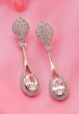 Silver Plated American Diamond Teardrop Shaped Drop Earrings