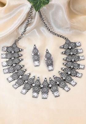 Silver Plated Stones Studded Oxidized Necklace And Earrings