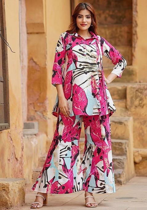 Women Printed One Shoulder Tunic With Palazzos Co-Ords Set