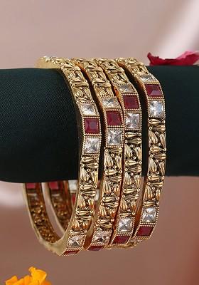 Set Of 4 Gold Plated Stones Studded Embellished Designer Bangles