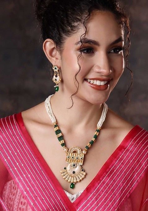 Gold Plated Stone studded and beaded Jewellery Set